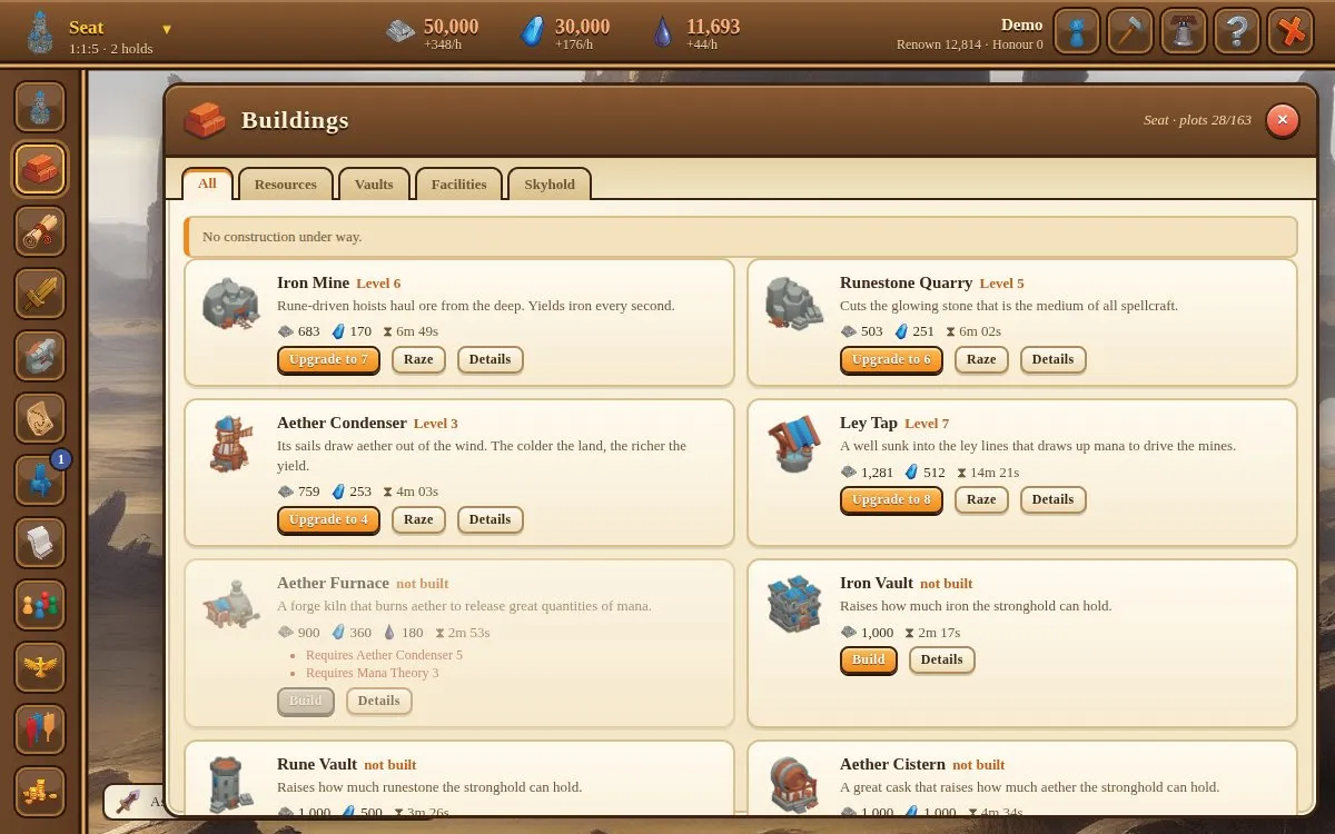 Nineteen buildings, each with its own levels and bonuses