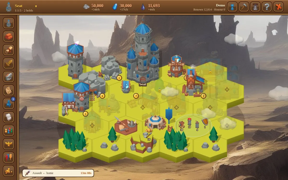 Your stronghold, a hex island of plots to build on